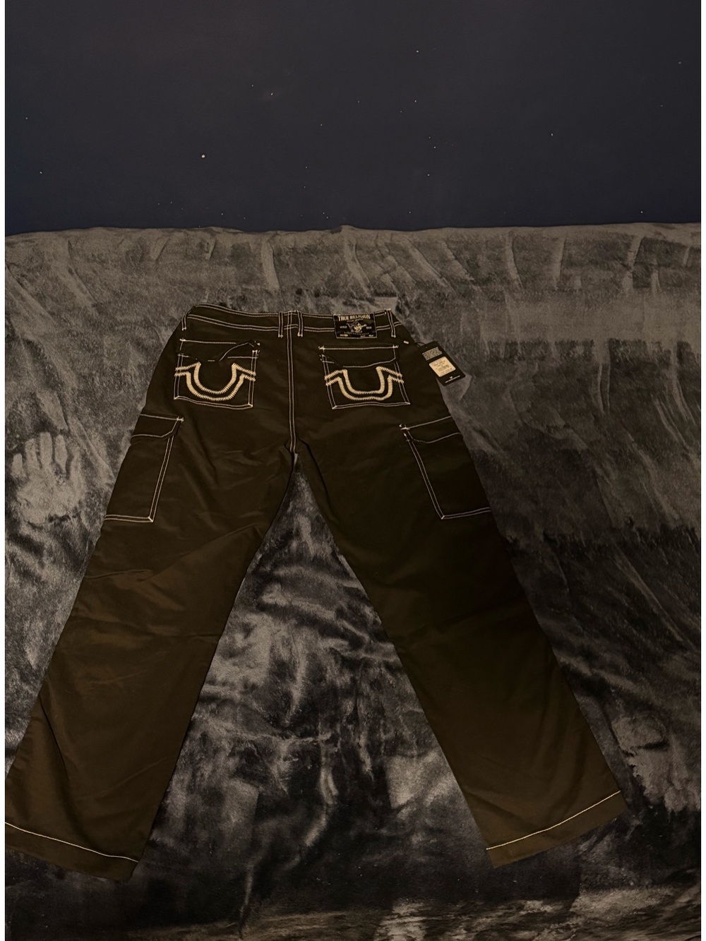 True Religion Men’s Black Cargo Pants with White Contrast Stitching